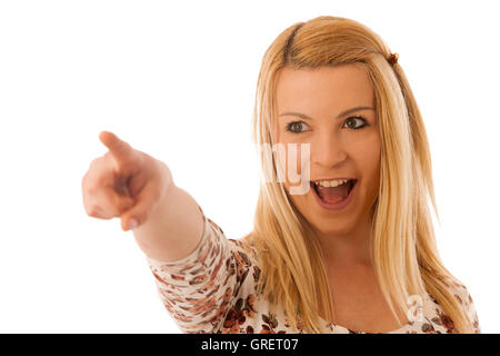 Cute blonde Frau in textfreiraum Hinweis, wie sie ein Produkt für kommerzielle zeigt Stockfoto