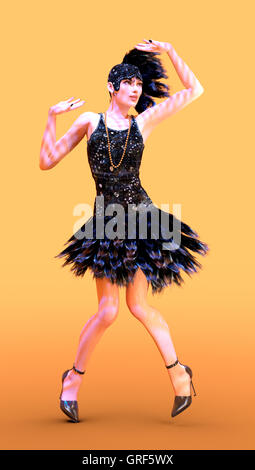 3D-Rendering einer weiblichen Flapper-Tänzerin auf orangem Hintergrund Stockfoto