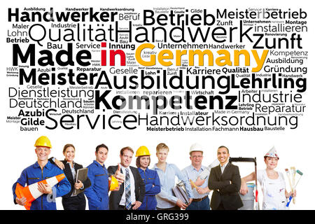 Deutsche Arbeitern aus verschiedenen Berufen mit made in Germany tag cloud Stockfoto