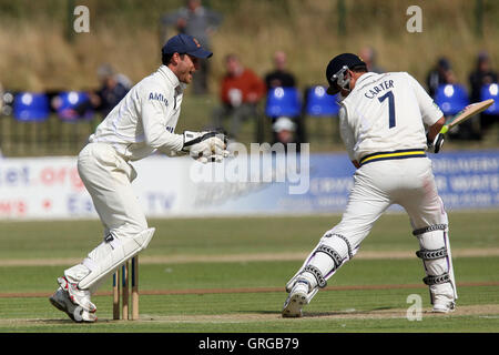 Essex Kapitän James Foster hält genüsslich an einen Haken, Neil Carter entlassen aus der Bowling von Bryce McGain - Essex CCC Vs Warwickshire CCC - LV County Championship Division One auf Garon Park, Southend-on-Sea, Essex - 08.05.10 Stockfoto