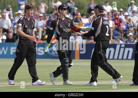 Ravi Bopara of Essex Löcher heraus aus der Bowling Craig Meschede und Somerset feiern - Essex Adler Vs Somerset - Clydesdale Bank CB40 Cricket auf Garon Park, Southend-on-Sea, Essex - 31.07.11 Stockfoto