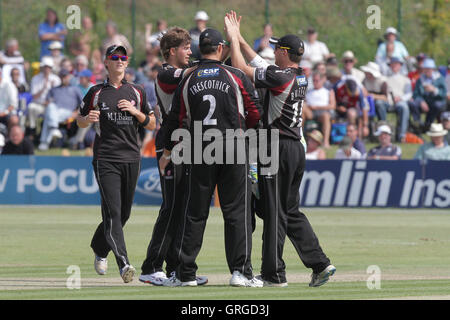 Ravi Bopara of Essex Löcher heraus aus der Bowling Craig Meschede und Somerset feiern - Essex Adler Vs Somerset - Clydesdale Bank CB40 Cricket auf Garon Park, Southend-on-Sea, Essex - 31.07.11 Stockfoto