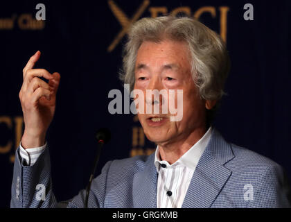 Tokio, Japan. 7. Sep, 2016. Ehemalige japanische Ministerpräsident Junichiro Koizumi hält eine Rede vor ausländischen Journalisten in Tokio auf Mittwoch, 7. September 2016. Koizumi startete eine Fundto Unterstützung ehemaliger US Servicepersons, die gesundheitliche Probleme entwickelt haben, nach der Teilnahme an der Operation Tomodachi, US militärische Entlastung Bemühung für die Tsunami und Erdbeben-Katastrophe im Norden Japans im Jahr 2011. Kredite: Yoshio Tsunoda/AFLO/Alamy Live-Nachrichten Stockfoto