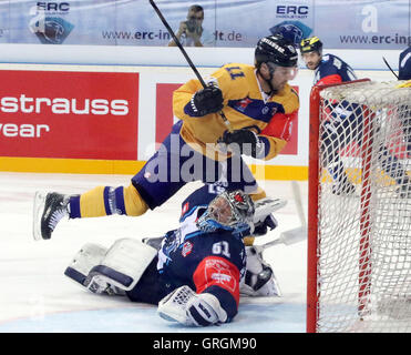 Ingolstadt, Bayern, Deutschland. 6. Sep, 2016. von links Aaron GAGNON (Rauma / CAN), Timo PIELMEIER (Ingolstadt). Champions Hockey League, ERC Ingolstadt Vs Lukko Rauma, Ingolstadt, Saturn Arena, 6. September 2016, Spieltag 8, die besten 48 Teams aus 13 europäischen Hockey-Ligen spielen in dieser Saison in der Champions Hockey League © Wolfgang Fehrmann/ZUMA Draht/Alamy Live News Stockfoto