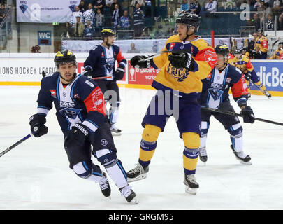 Ingolstadt, Bayern, Deutschland. 6. Sep, 2016. vom linken Fabio WAGNER (Ingolstadt), Sami LAEHTEENMAEKI (Rauma). Champions Hockey League, ERC Ingolstadt Vs Lukko Rauma, Ingolstadt, Saturn Arena, 6. September 2016, Spieltag 8, die besten 48 Teams aus 13 europäischen Hockey-Ligen spielen in dieser Saison in der Champions Hockey League © Wolfgang Fehrmann/ZUMA Draht/Alamy Live News Stockfoto