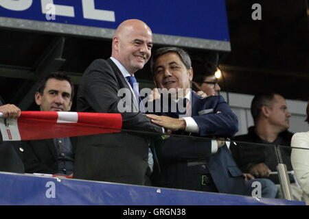 06.09.2016. St. Jakob-Park, Basel, Schweiz.  FIFA-Präsident Gianni Infantino auf der Tribüne während der Qualifikationsrunde Rückspiel der würde Cup Gruppe B Schweiz gegen Portugal in Saint-Jacques-Park in Basel, Schweiz Stockfoto