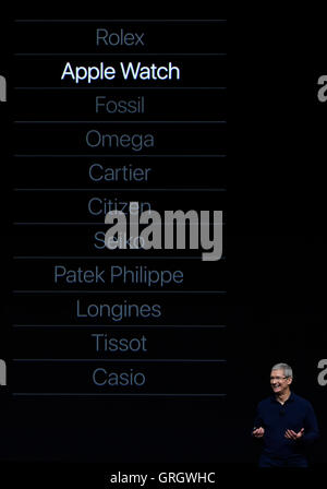 In San Francisco. 7. Sep, 2016. Apple-Chef Tim Cook ist bei Apple special Event in San Francisco, USA, 7. September 2016 gesehen. Bildnachweis: Xinhua/Alamy Live-Nachrichten Stockfoto