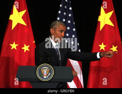 Hangzhou, ZHEJIANG, CHINA. 5. Sep, 2016. US-Präsident Barack Obama hält eine Pressekonferenz mit ausländischen Medien am Ende des G20-Gipfels in Hangzhou, der Hauptstadt der Provinz Zhejiang, am 5. September 2016. © Stephen Rasierer/ZUMA Draht/Alamy Live-Nachrichten Stockfoto