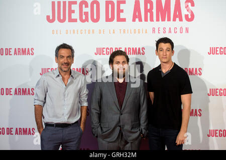 Madrid, Spanien. 8. September 2016. Regisseur Todd Phillips und Schauspieler Jonah Hill und Miles Teller bei Photocall Krieg Hunde in Madrid, auf Donnerstag, 8. September 2016. Bildnachweis: Gtres Información Más lokalen auf line,S.L./Alamy Live News Stockfoto