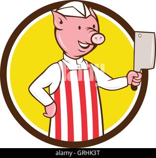 Metzger Schweinehaltungsbetrieb Fleisch Cleaver Kreis Cartoon Stock Vektor