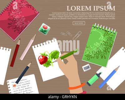 Desktop mit Notebooks, Zeichnung und Briefpapier. Mit Platz für Ihren Text. Vektor Stock Vektor