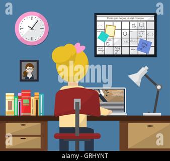 Illustration der Arbeitsplatz im Zimmer. Mädchen bei der Arbeit. Flachen Stil. Vektor Stock Vektor