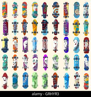 Big Set von Skateboards und Skateboard Streetstyle der Elemente. Lackiert in hellen Figuren in einem Zeichentrickfilm. Vektor Stock Vektor
