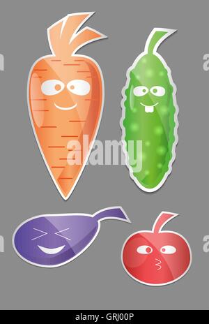Gemüse-Icon-Set. Etiketten mit Gemüse. Karotte, Gurke, Tomate, Aubergine Flat Style. Vektor Stock Vektor
