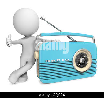 Dude 3D-Charakter mit blauen Retro-Radio. Daumen Sie hoch. Stockfoto