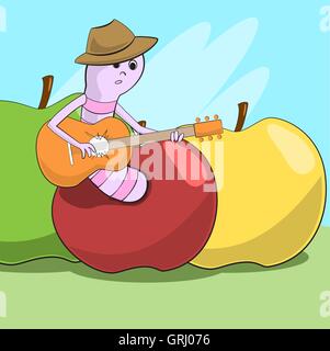 Fröhliche Schnecke kroch aus Apfel und spielt Gitarre. Vektor Stock Vektor
