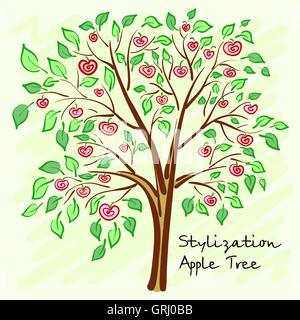 Stilisierte Apfelbaum mit einsamen geheimnisvollen Früchten. Vektor Stock Vektor