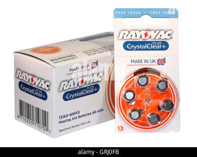 Eine National Health kostenlose Ausgabe Packung 60 Rayovac Hörgerätebatterien isoliert auf weißem Hintergrund Stockfoto