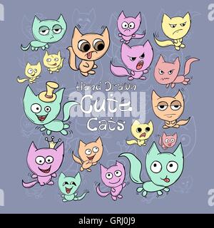 Satz von niedlichen Cartoon Katzen verschiedene Farben und Emotionen auf einem dunklen Hintergrund. Vektor Stock Vektor