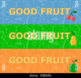Einstellen der horizontalen Banner mit Früchten auf hellem Hintergrund. Vektor Stock Vektor