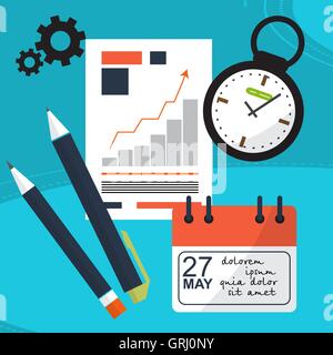 Planung Workflow. Vor dem Hintergrund der Büroartikel wie Uhren, Kugelschreiber, Kalender, Zeitplan. Vektor Stock Vektor