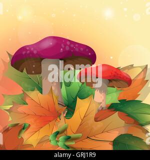 Rote Pilze und Herbstlaub auf hellem Hintergrund. Vektor Stock Vektor