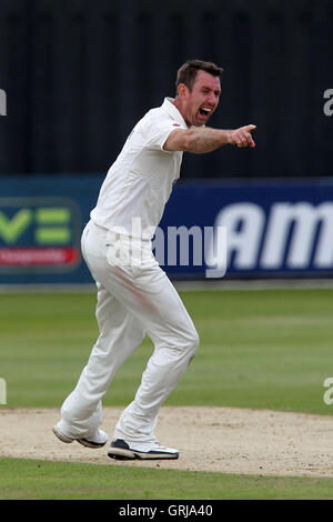 Eine starke Anziehungskraft von David Masters von Essex für das Wicket Bilal Shafayat - Essex CCC Vs Hampshire CCC - LV County Championship Division zwei Cricket an der Ford County Ground, Chelmsford, Essex - 19.07.12 Stockfoto