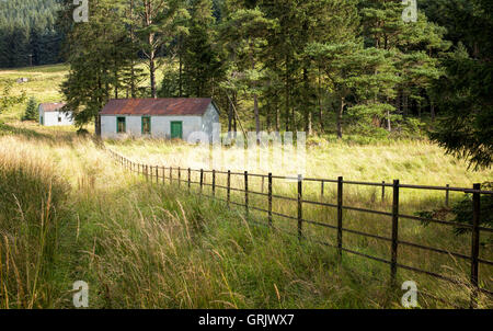 Rote Wellpappe Dach Schuppen in der Tweedsmuir Landschaft. Schottland, Schottland Stockfoto