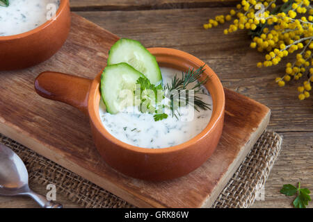 Tarator, kalte Suppe mit Gurken, Joghurt und frischen Kräutern auf Holztisch Stockfoto