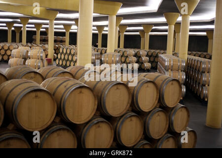 Fässer mit Rioja-Wein lagern im Keller eines Weinguts in Briones, Spanien 26. August 2016. Copyright Foto John Voos Stockfoto