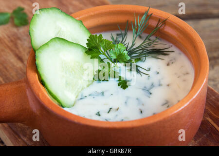 Tarator, kalte Suppe mit Gurken, Joghurt und frische Kräuter hautnah Stockfoto