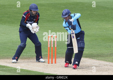 James Foster nimmt einen Fang zu Murray Goodwin von Sussex das Bowling von Reece Topley - Sussex Haie Vs Essex Adler - Freunde Leben T20 Cricket im Probiz County Ground, Hove - 24.06.12 entheben Stockfoto