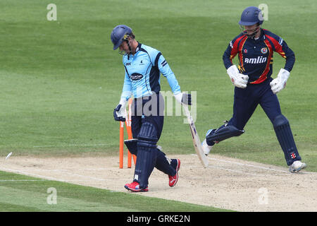 James Foster nimmt einen Fang zu Murray Goodwin von Sussex das Bowling von Reece Topley - Sussex Haie Vs Essex Adler - Freunde Leben T20 Cricket im Probiz County Ground, Hove - 24.06.12 entheben Stockfoto