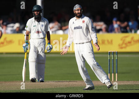 Monty Panesar von Essex feiert dabei das Wicket Daryl Mitchell - Essex CCC Vs Worcestershire CCC - LV County Championship Division zwei Cricket an der Essex County Ground, Chelmsford, Essex - 24.09.14 Stockfoto