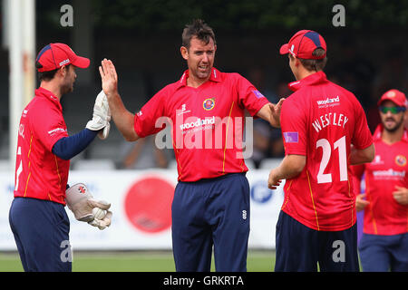 David Masters of Essex (C) feiert das Wicket Hamish Marshall - Essex Adler Vs Gloucestershire CCC - Royal London-ein-Tages-Cup an der Essex County Ground, Chelmsford, Essex - 08.08.14 Stockfoto