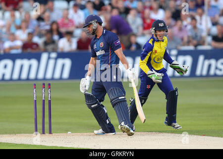 Mark Pettini von Essex ist von Tom Smith rollte heraus wie Cameron Herring - Essex Adler vs Gloucestershire CCC - NatWest T20 Blast Cricket im Essex County Ground, Chelmsford - 13.06.14 aussieht Stockfoto