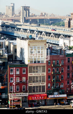 New York City, NY NYC Lower Manhattan, Chinatown, East Broadway, Skyline, Gebäude, Brooklynn Bridge, Overhead-Ansicht, Luftaufnahme von oben, Schild, Chin Stockfoto