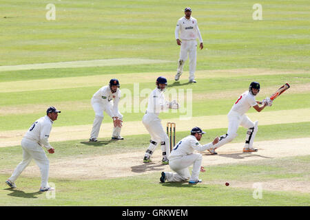 Dean Cosker verleiht der Glamorgan Gesamt - Glamorgan CCC Vs Essex CCC - LV County Championship Division zwei Cricket an Str. Helens Boden, Swansea, Wales - 18.08.14 Stockfoto