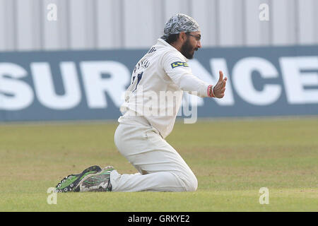 Monty Panesar von Essex feiert unter das Wicket Leicestershire Schlagmann Greg Smith - Leicestershire CCC Vs Essex CCC - LV County Championship Division zwei Cricket auf Grace Road, Leicester - 16.09.14 Stockfoto