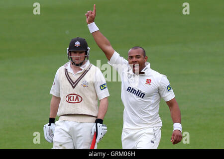 Freude für Tymal Mills von Essex, wie er, das Wicket Dominic Sibley - Surrey CCC Vs Essex CCC - LV County Championship Division zwei Cricket am Kia Oval, Kennington, London - 22.04.14 behauptet Stockfoto