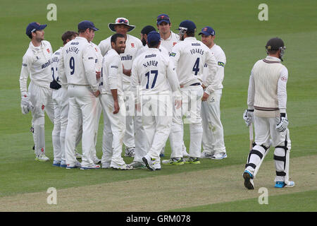 Essex-Spieler feiern das Wicket Stuart Meaker - Surrey CCC Vs Essex CCC - LV County Championship Division zwei Cricket am Kia Oval, Kennington, London - 22.04.14 Stockfoto