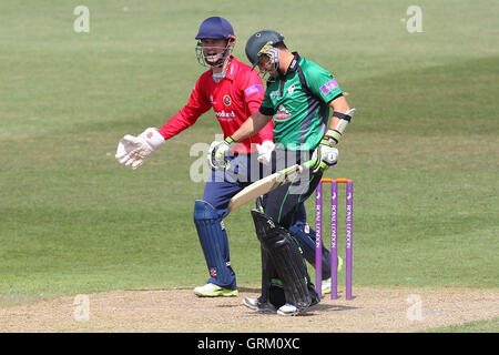 James Foster von Essex mit einem erfolgreichen Appell für das Wicket Daryl Mitchell aus Bowling von Tim Phillips - Worcestershire Rapids Vs Essex Adler - Royal London On Day Cup bei New Road, Worcester - 27.07.14 Stockfoto