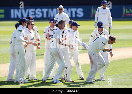 David Masters of Essex feiert das Wicket des Ex-Essex Spieler Adam Wheater - Essex CCC Vs Hampshire CCC - LV County Championship Division zwei Cricket im Essex County Ground, Chelmsford - 05.01.13 Stockfoto