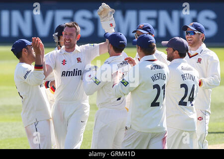 David Masters of Essex feiert das Wicket des Ex-Essex Spieler Adam Wheater - Essex CCC Vs Hampshire CCC - LV County Championship Division zwei Cricket im Essex County Ground, Chelmsford - 05.01.13 Stockfoto