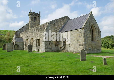 Die Ruine der St. Martin Kirche am verlassenen mittelalterlichen Dorf Wharram Percy Wolds unterwegs Fuß in East Yorkshire Stockfoto