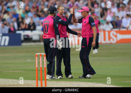 Adam Voges (C) von Middlesex feiert das Wicket Shaun Tait - Essex Adler Vs Middlesex Panthers - Freunde Leben T20 Cricket im Essex County Ground, Chelmsford - 07.12.13 Stockfoto