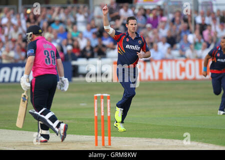 Shaun Tait von Essex feiert das Wicket Paul Stirling - Essex Adler Vs Middlesex Panthers - Freunde Leben T20 Cricket im Essex County Ground, Chelmsford - 07.12.13 Stockfoto