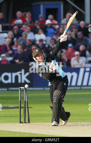 Jason Roy von Surrey ist von Graham Napier - Essex Adler Vs Surrey Löwen - Yorkshire Bank YB40 Cricket im Essex County Ground, Chelmsford - 06.03.13 rollte heraus Stockfoto