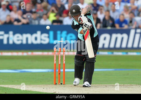 Jason Roy von Surrey ist von Graham Napier - Essex Adler Vs Surrey Löwen - Freunde Leben T20 Cricket im Essex County Ground, Chelmsford - 31.07.13 rollte heraus Stockfoto