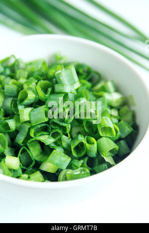 Schnittlauch in Schüssel weiß, Bio grüne Zutat zum Kochen Stockfoto